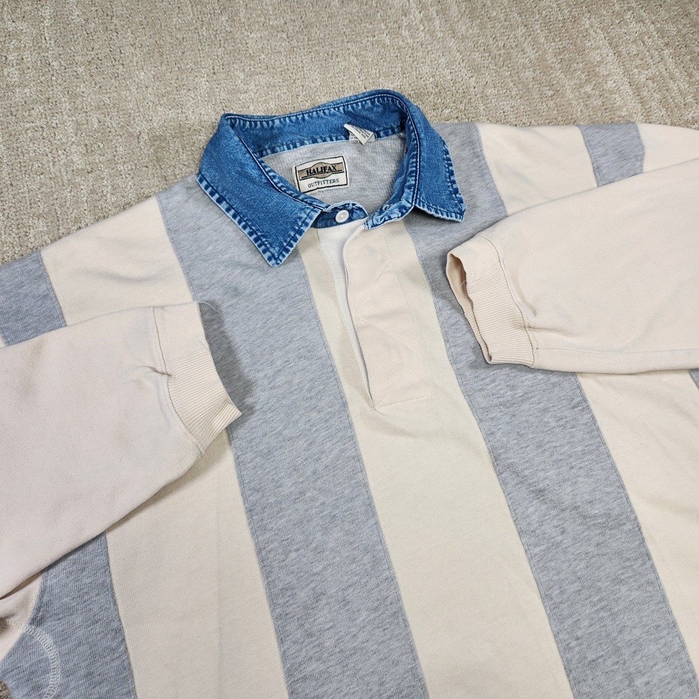 Vintage Rugby Shirt Men XL Heavy Cotton Denim Collar Chunky Stripe Halifax